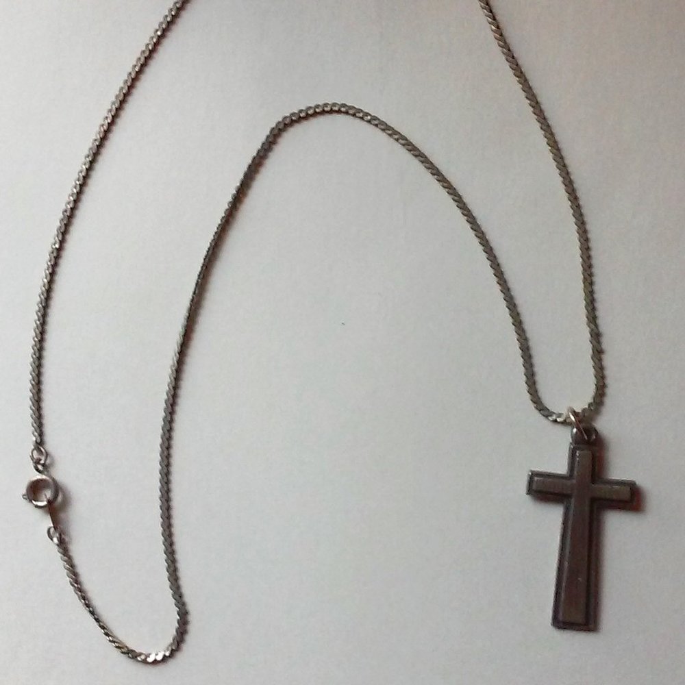 Vintage Unisex SIlver Cross TBN Phone Number On Back Hangs 10 1/2" Cross 1 3/8"